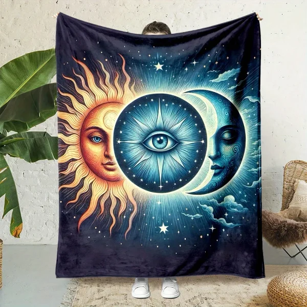 Coperta da tiro in flanella celeste con sole e luna stampata digitale - Tessuto non tessuto reversibile, per tutte le stagioni, poliestere 1