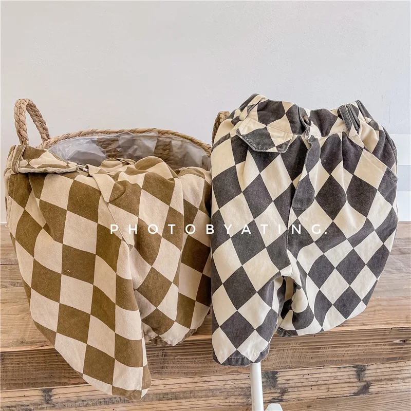 2025 nuovi pantaloni scozzesi per neonati autunnali stile coreano per bambini piccoli pantaloni Haren larghi casual vestiti per bambini 4