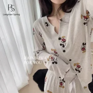 Cartoon Topolino Pigiama Set Autunno Inverno Manica lunga Elegante camicia da notte da donna Set Carino Home Sleepwear Scollo a V Abbigliamento per la casa 1