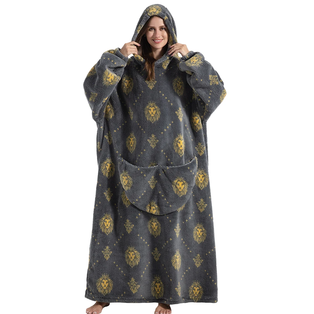 Felpa con cappuccio coperta oversize per adulti Abiti lunghi da donna per uomo Inverno Addensare soffice coperta con cappuccio indossabile Coperte di flanella calde 6