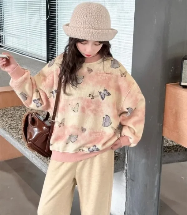 Felpa con cappuccio a farfalla con pantaloni a gamba larga Top e set da 2 pezzi Felpa con fodera in pile Completo per ragazza 6 7 anni Ragazze Autunno Inverno 6