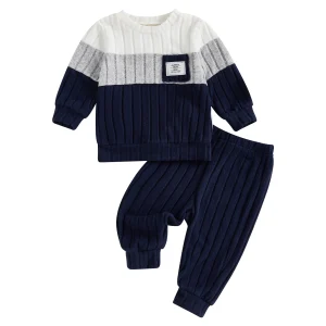 Pudcoco Infantile Neonati maschi Autunno 2 pezzi Pantaloni Set Manica lunga O Collo Patchwork Pullover Pantaloni tinta unita 3M-3T 1