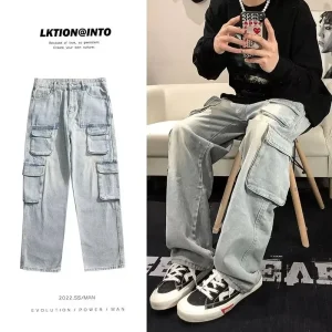 2022 nuovi pantaloni cargo in denim casual da uomo autunno inverno pantaloni larghi da indossare in lavatrice stile Hong Kong 1