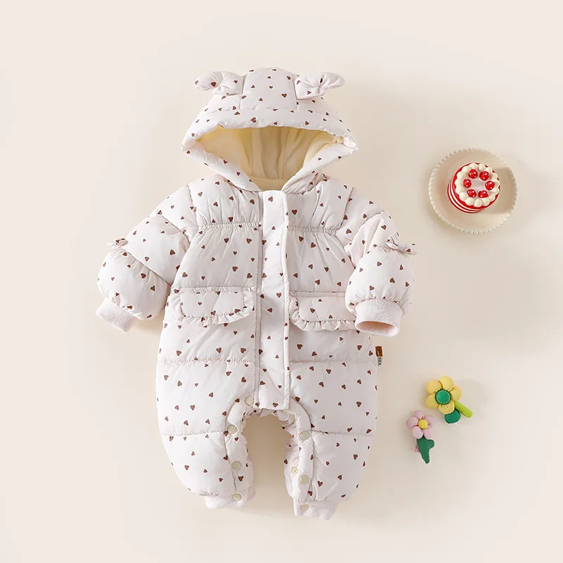 Inverno Bambini Ragazze Pagliaccetti Dot Stampato Tute con cappuccio per 0-3Y Neonate Parka imbottito in cotone Tute intere per neonate infantili 5