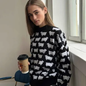 Maglione lavorato a maglia con scollo a O di pecora da donna Maglieria Pullover grigio Maglione lavorato a maglia allentato Blu Rosso Nero Verde Pull Autunno Inverno 2025 Nuovo 1