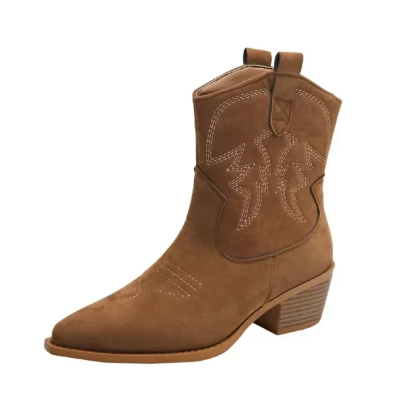 Stivali da cowboy western corti da donna con tacco in pelle scamosciata spessa e scollo a V a punta Stivaletti corti retrò stile britannico skinny f 5