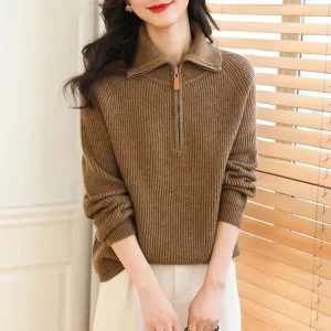 Maglione pullover tinta unita autunno inverno lavorato a maglia abbigliamento da donna filo a vite colletto semiaperto cerniera top a maniche lunghe 1