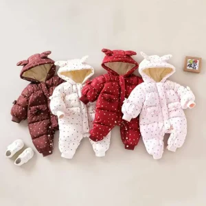 Inverno Bambini Ragazze Pagliaccetti Dot Stampato Tute con cappuccio per 0-3Y Neonate Parka imbottito in cotone Tute intere per neonate infantili 1