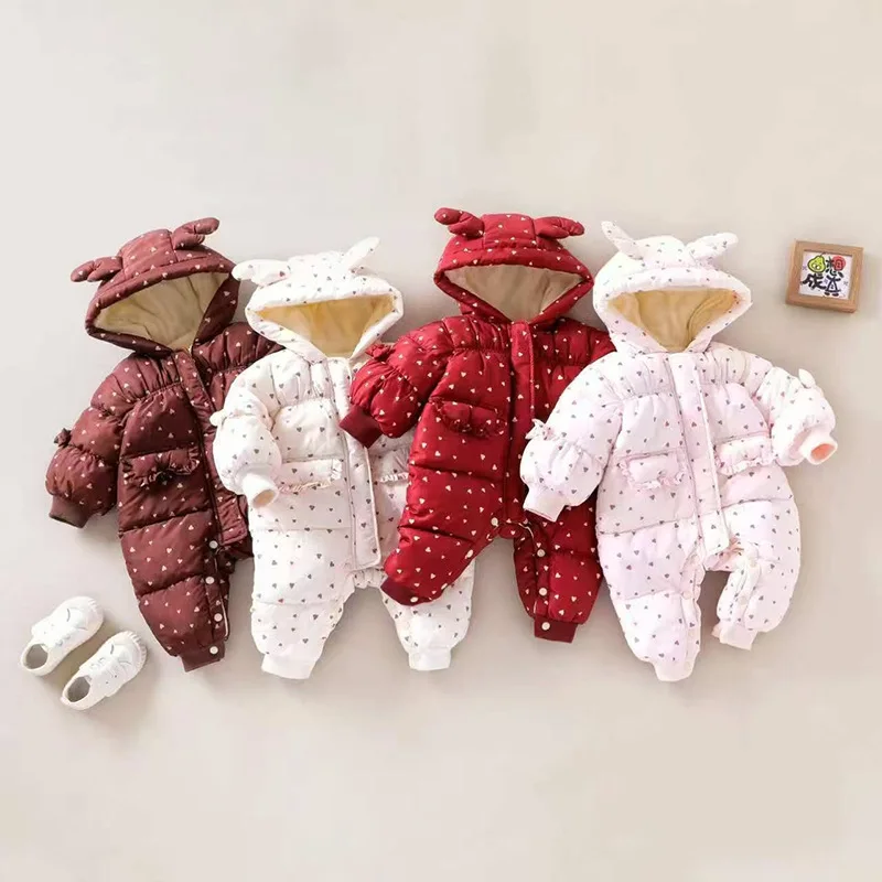 Inverno Bambini Ragazze Pagliaccetti Dot Stampato Tute con cappuccio per 0-3Y Neonate Parka imbottito in cotone Tute intere per neonate infantili 1