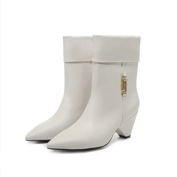 2025 Stivali lunghi di marca con tacco alto da donna Stivali corti di pelle bovina a punta di lusso Decorazione in metallo Stivali elastici moda donna35-43 1