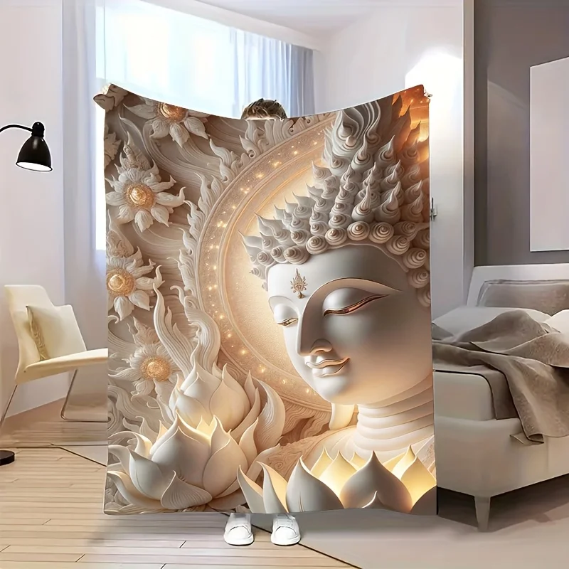Coperta in flanella con stampa testa di Buddha sacra Zen vintage da 1 pezzo - Morbida, calda, accogliente, lavabile in lavatrice - Ideale per divano, letto, ufficio, 5