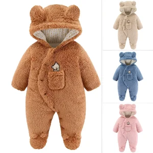 Autunno Inverno Neonato Orso Vestito Infantile Delle Ragazze Dei Ragazzi Tute In Pile Con Cappuccio Pagliaccetto Per I Più Piccoli Caldo Spessore Tute Vestiti 1