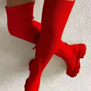 Stivali da donna con suola spessa 2024 autunno inverno calzino in maglia traspirante stivali alti alla coscia da donna scarpe con punta tonda elasticizzata taglie forti 1