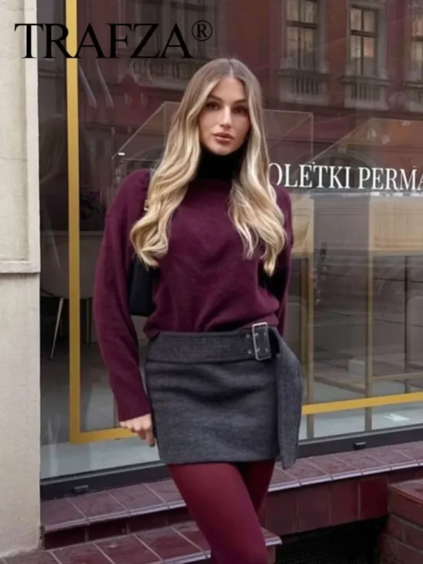 TRAFZA maglione dolcevita vintage bordeaux da donna pullover lavorato a maglia casual a maniche lunghe autunno inverno donna maglieria calda solida 6