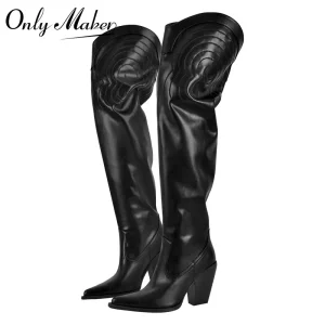 Onlymaker Stivali sopra il ginocchio da donna neri opachi Stivali invernali caldi con tacco grosso e punta a punta 1