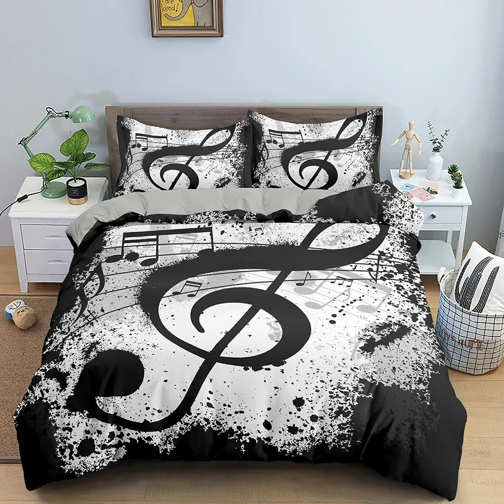 Set biancheria da letto musicale Tastiera per pianoforte Nota musicale Copripiumino Biancheria da letto queen size Piumino Set biancheria da letto in poliestere per chitarra in microfibra 5