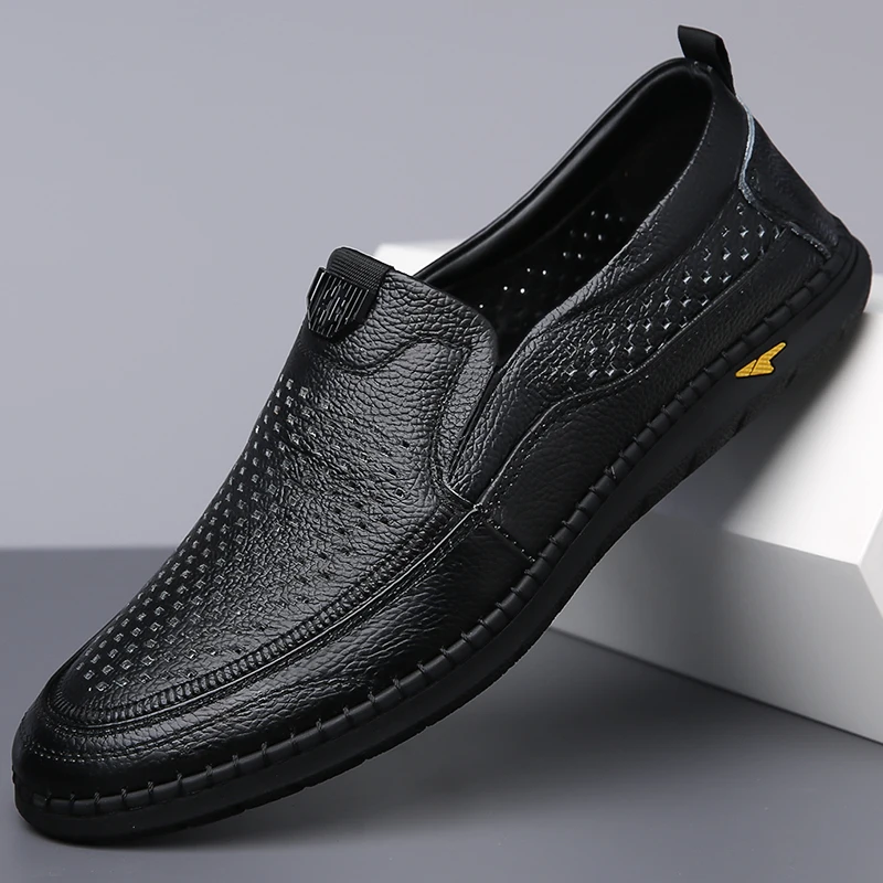 Calzature estive Casual da uomo mocassini da passeggio per il tempo libero da uomo traspiranti mocassini in vera pelle scavano Slip on scarpe da guida maschili 5