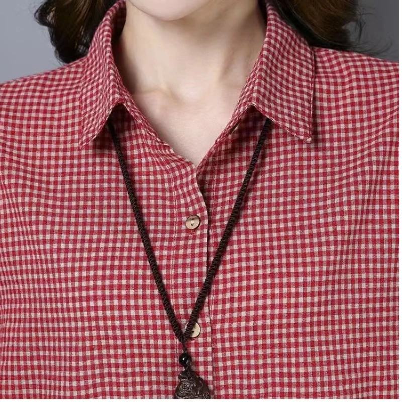 Camicetta vintage patchwork scozzese a maniche lunghe con volant Primavera Autunno Polo con collo allentato Camicia casual Top Moda Ufficio Abbigliamento donna 1