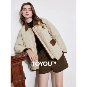 TOYOUTH Giacca da donna in cotone 2024 Velluto a coste invernale Colore a contrasto Splicing Colletto rovesciato Cerniera Giacca sportiva in vita sottile 1
