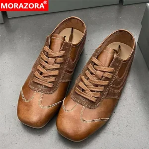 MORAZORA 2025 Nuove scarpe da ginnastica da donna in pelle crosta Scarpe basse alla moda con lacci Beige Rosa Scarpe casual alla moda 1