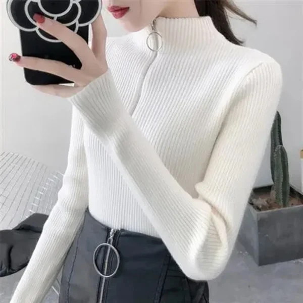 Maglione da donna lavorato a maglia con cerniera a collo mezzo alto Pullover Autunno Inverno Maglioni da donna basic Slim Maglieria solida Pull Femme Top 5