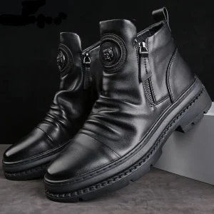 Stivali da moto in pelle da uomo stile britannico testa tonda scarpe alte con Zip laterale stivali con plateau Casual da passeggio Bota Masculina 1