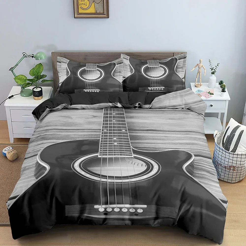 Set biancheria da letto musicale Tastiera per pianoforte Nota musicale Copripiumino Biancheria da letto queen size Piumino Set biancheria da letto in poliestere per chitarra in microfibra 2