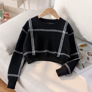 Maglione corto da ragazza a righe semplici a quadretti lavorato a maglia adatto per il tempo libero quotidiano in primavera, autunno e inverno 1