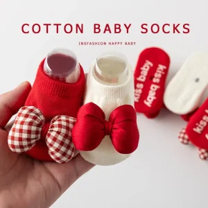 Nuovi calzini per neonati in cotone 0-3 anni Fiocco rosso Neonate Ragazzi Pantofole calde Calzino per bambini di Capodanno Autunno Inverno 1