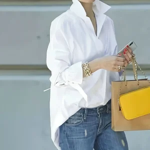 Camicia da donna taglie forti, stile semplice ed elegante, camicia a maniche lunghe ampia con risvolto tinta unita, adatta per gite di abbigliamento da lavoro 1