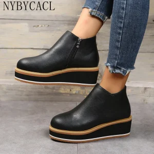 Stivaletti con plateau da donna Moda autunno e inverno Cerniera tinta unita Stivali da neve con suola spessa Comodi stivaletti corti da esterno 1