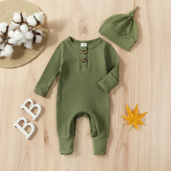Abbigliamento per neonato, completo, tinta unita, a costine, a maniche lunghe, con cappello, per abiti autunnali per neonati 2