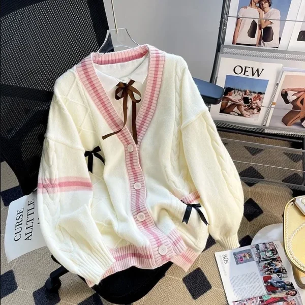 Giacca maglione con fiocco autunno/inverno da donna ampia 2024 Nuovo stile Sensibilità Cardigan lavorato a maglia giapponese che riduce l'età con scollo a V 4