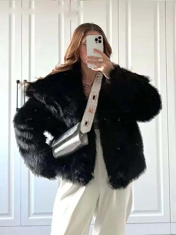 HH Cappotto elegante da donna in pelliccia sintetica Giacca calda e soffice a maniche lunghe con risvolto Autunno Inverno Moda High Street Lady Capispalla 3