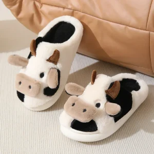 Pantofole da donna invernali calde da mucca per ragazze, morbidi e carini, sandali da camera da letto per interni, da uomo, in peluche antiscivolo, per coppie, divertenti infradito piatte 1