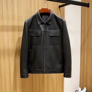 Giacca in vera pelle con risvolto sottile per cappotto in pelle da uomo di lusso leggero in pelle di pecora da uomo d'affari 1