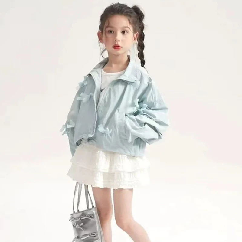 2025 Primavera Autunno Nuove ragazze Giacca per protezione solare Tinta unita Nodo a farfalla Cappotto corto sottile per 4-14 anni Cappotto casual per ragazze adolescenti 4