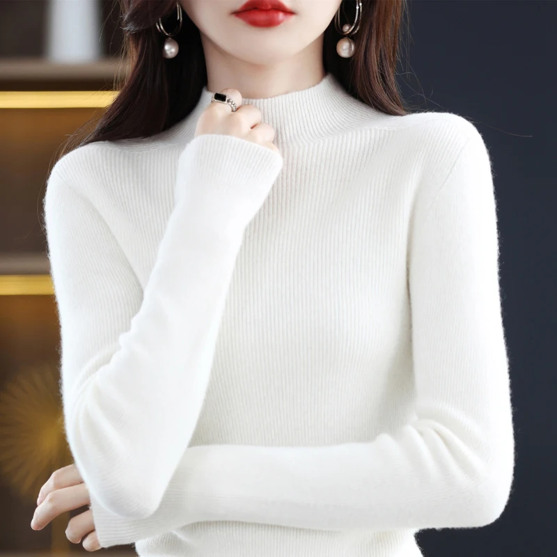 2025 moda nuovo 100% lana merino vestiti da donna collo a lupetto che tocca il fondo maglione stretto pullover di cashmere maglione di base da donna 5