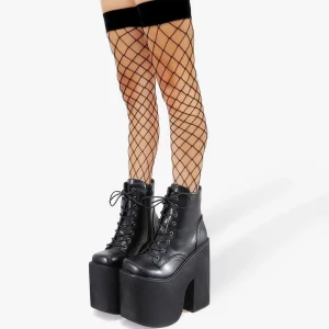 Gdgydh Stivaletti corti stile Y2K da donna Stivali con plateau stringati con punta quadrata e tacco alto e grosso Scarpe tinta unita alla moda 1