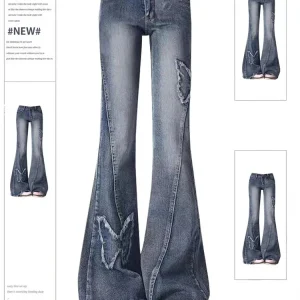 Jeans svasati con patchwork a farfalla blu da donna con bordi grezzi American Retro Yk2 Harajuku Jeans da donna larghi a vita bassa 1