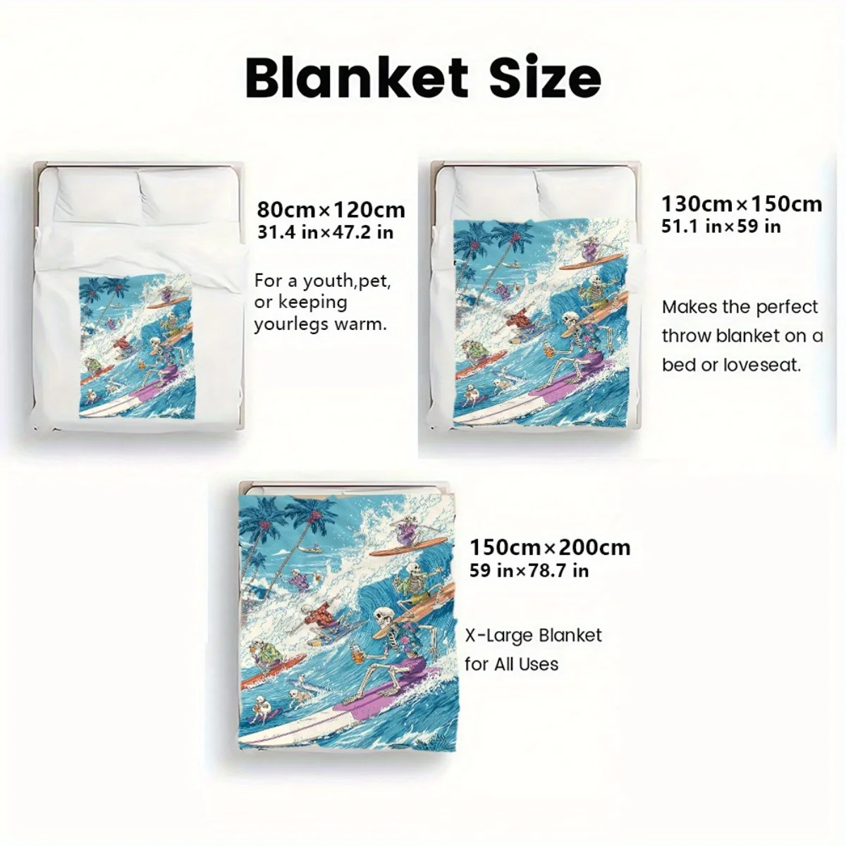 Coperta in flanella leggera ultra morbida da 1 pezzo - Scena di surf vibrante con onde e surfisti scheletrici, accogliente tiro caldo per il campeggio, T 2