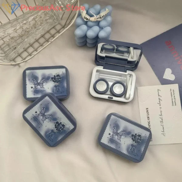 Custodia per lenti a contatto con farfalla blu vintage portatile carina con scatola contenitore per lenti a contatto a specchio per regalo da viaggio all'aperto 3