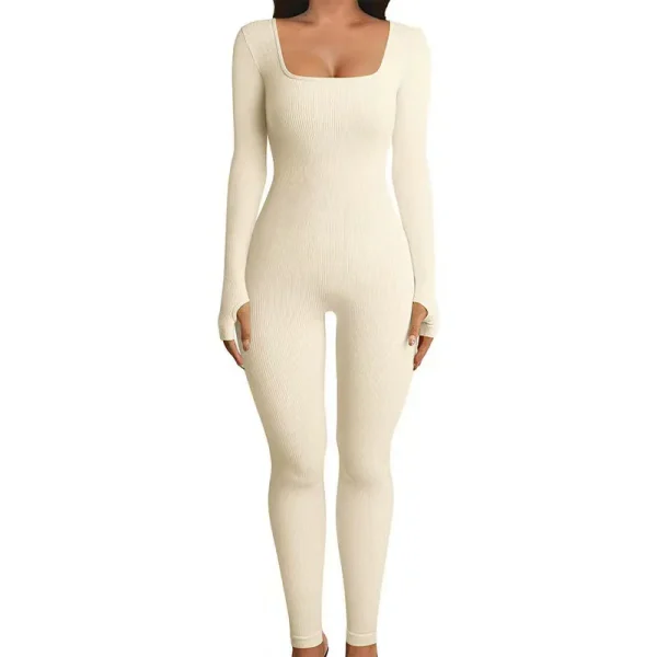 Tuta da yoga a costine tinta unita, body sportivo a maniche lunghe slim fit senza cuciture, abbigliamento sportivo da donna 5