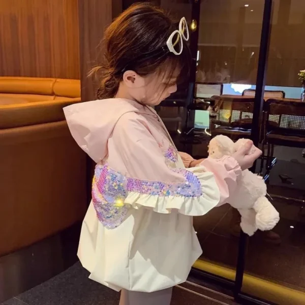 Trench per ragazze con paillettes Giacca moda primavera per bambini Pincess Bow Capispalla con cappuccio Nuovi bambini Autunno Abbigliamento casual 2-8 anni 3
