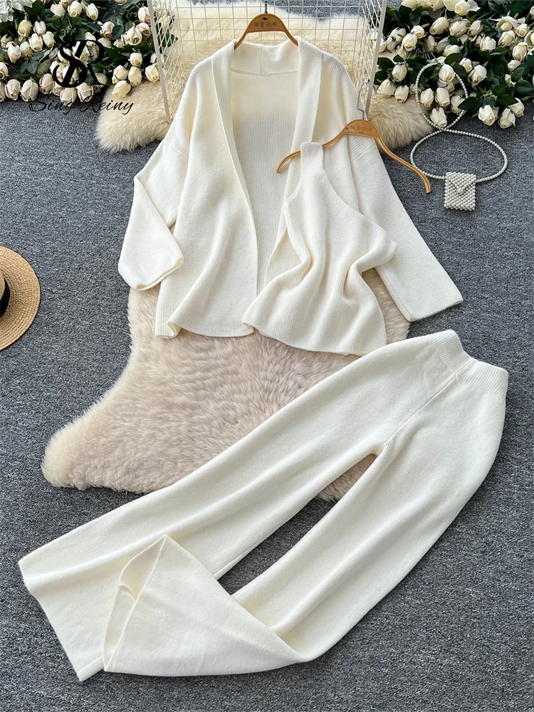 SINGREINY Inverno Homewear Casual Abiti da donna Autunno Cardigan in maglia + Gambe larghe Pantaloni lunghi Ins Solido Allentato Caldo Set di tre pezzi 2