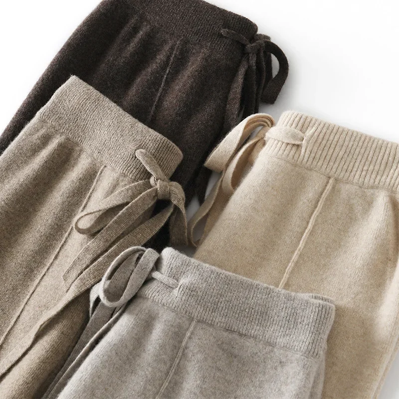 Pantaloni a gamba larga in cashmere a vita alta da donna Pantaloni casual in lana drappeggiata lunghi fino al pavimento Pantaloni da donna glutinosi Pantaloni di lana lavorati a maglia da esterno A 1