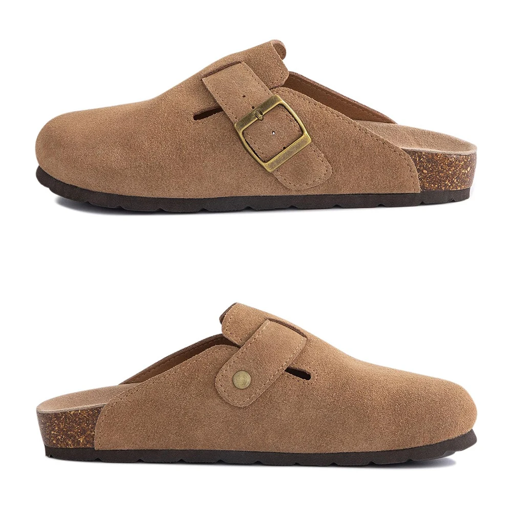 Kidmi Zoccoli in pelle scamosciata da uomo Zoccoli con piedino in sughero per donna Scarpe slip-on con fibbia regolabile in morbida pelle Sandali Pantofole da spiaggia 1