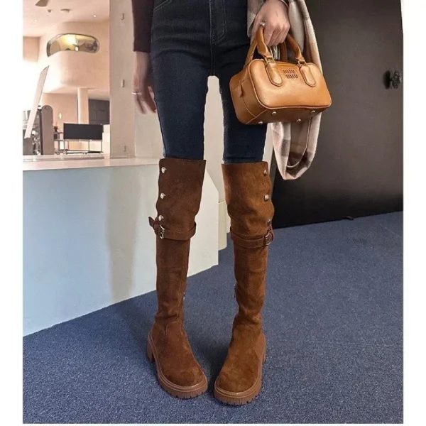 Stivali da Cowboy sopra il ginocchio scarpe da donna firmate con plateau invernali zeppe in pelle scamosciata di moda stivali alti alla coscia scarpe da moto 2024 4