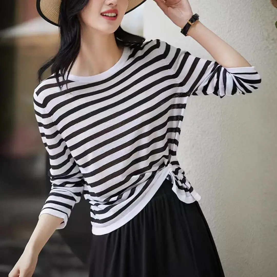 WinvyNee Autunno Abbigliamento donna T-shirt di lana Top Manica lunga O-Collo Maglione a righe Casual Basic Pullover femminili A1107008 2