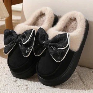 Pantofole in cotone solido caldo con punta invernale da donna con fiocco adorabile Scivoli con suola morbida e spessa Scarpe antiscivolo per la casa piatte da pavimento per interni 1